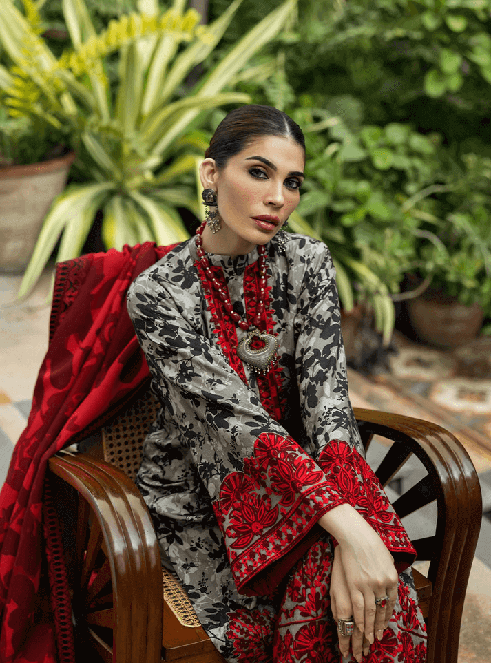 3 Piece Stitched Lawn Embroidery Suit - Ready To Wear