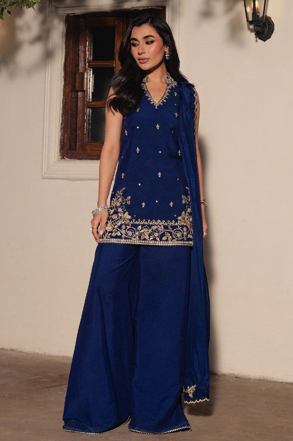 Deep Navy Blue: Silk Embroidered Short Shirt & Wide Palazzo | Ready To Wear