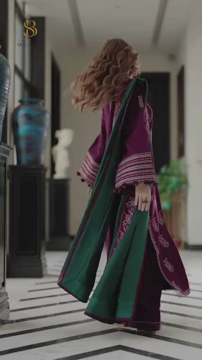 3 Piece Stitched Embroidered Cotton Suit - Ready To Wear