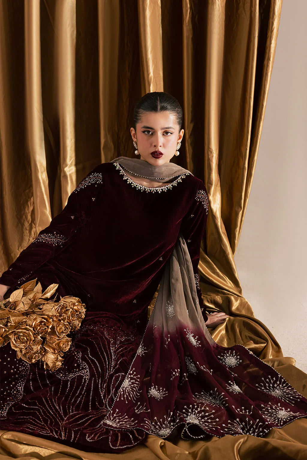Wine Maroon & Champagne: Embroidered Velvet Suit | Ready To Wear